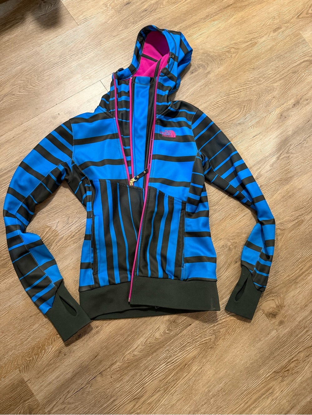 The North Face Blue & Black Striped Hooded Bomber Jacket with Pink Trim